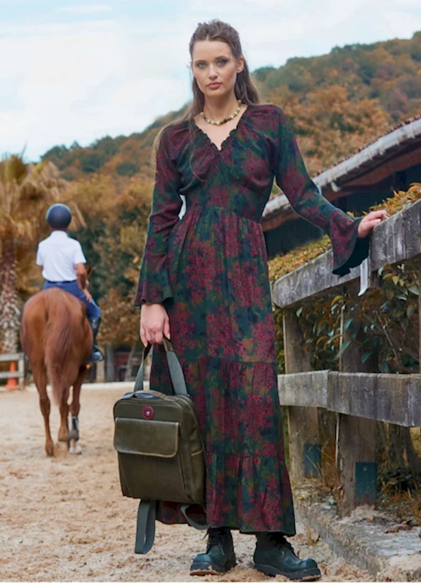 Yakası Lastikli İspanyol Kol Yeşil Kışlık Elbise 7046