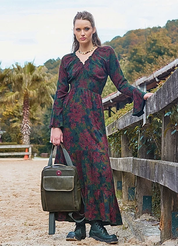 Yakası Lastikli İspanyol Kol Yeşil Kışlık Elbise 7046