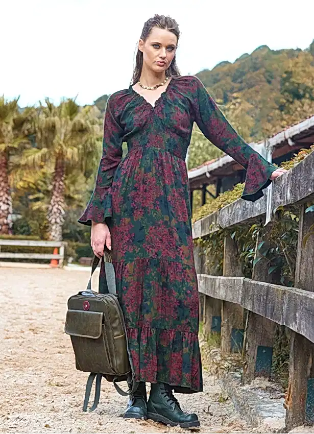 Yakası Lastikli İspanyol Kol Yeşil Kışlık Elbise 7046