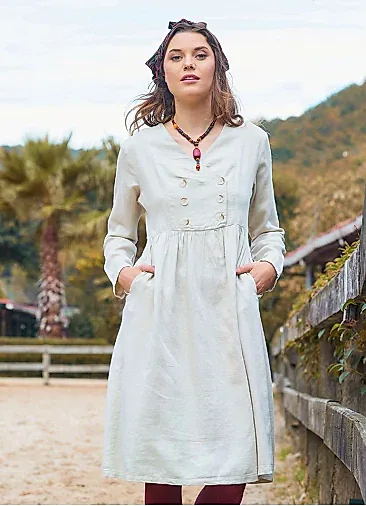 V Yaka Düğme Detaylı Fermuar Kapamalı Krem Kışlık Elbise 7064