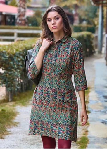 Gömlek Yaka Düğme Detaylı Yeşil Çiçekli Uzun Kollu Elbise 7023