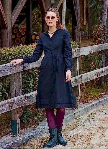 Hakim Yaka Beli Lastikli Dantelli Siyah Kışlık Elbise 7057