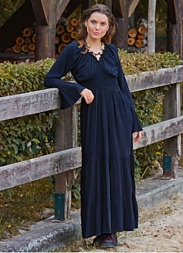 Yakası Lastikli İspanyol Kol Siyah Kışlık Elbise 7045