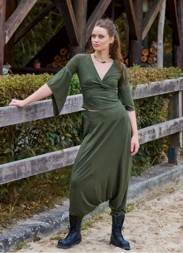 Paçası Lastikli Ağı Düşük Haki Kadın Bohem Şalvar 7044