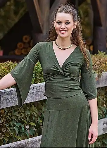 Kruvaze Yaka Yarım Kollu Haki Kışlık Bluz 7051