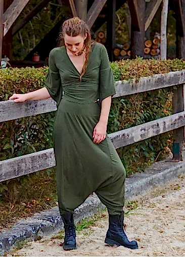 Paçası Lastikli Ağı Düşük Haki Kadın Bohem Şalvar 7044