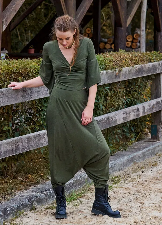 Paçası Lastikli Ağı Düşük Haki Kadın Bohem Şalvar 7044