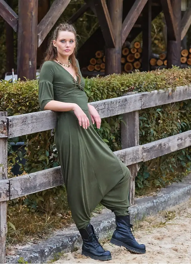 Paçası Lastikli Ağı Düşük Haki Kadın Bohem Şalvar 7044