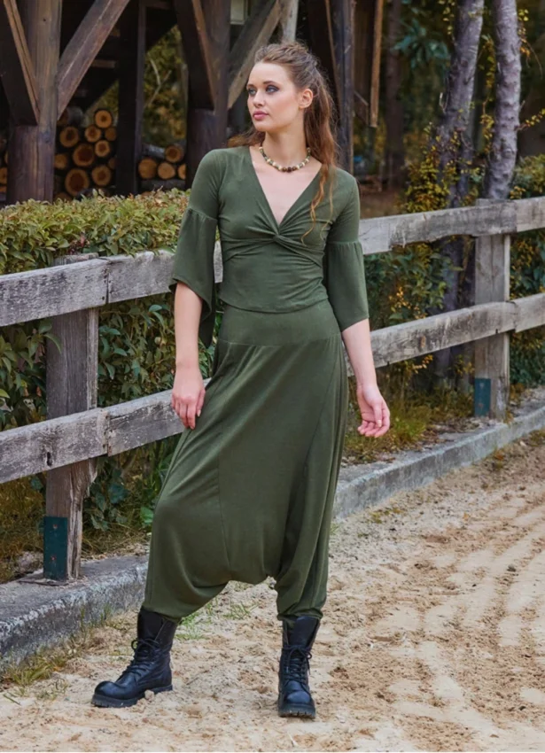 Paçası Lastikli Ağı Düşük Haki Kadın Bohem Şalvar 7044