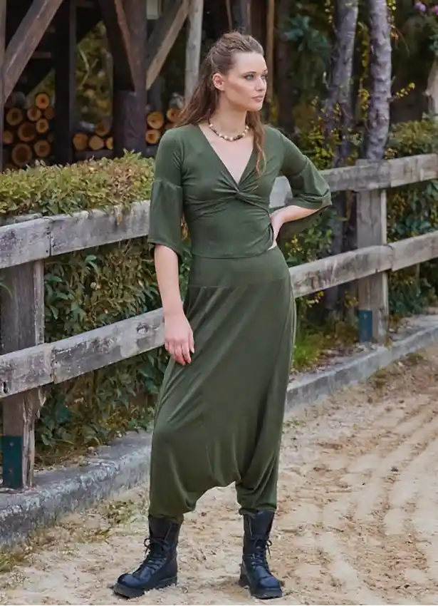 Paçası Lastikli Ağı Düşük Haki Kadın Bohem Şalvar 7044