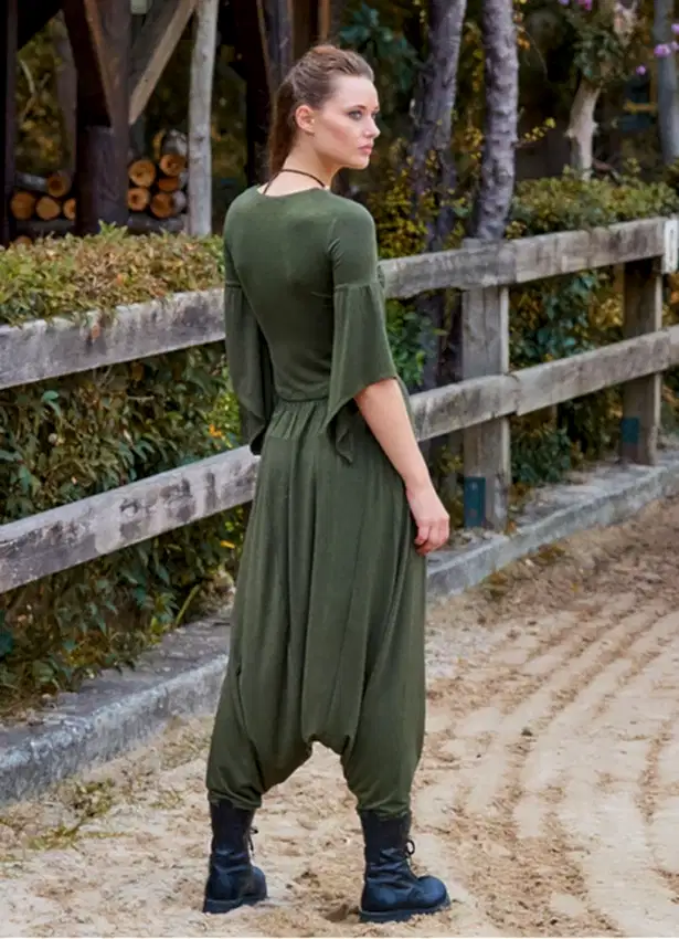 Paçası Lastikli Ağı Düşük Haki Kadın Bohem Şalvar 7044