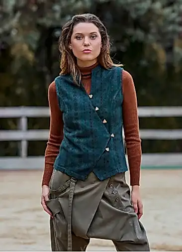 V Yaka Çapraz Düğmeli Yeşil Otantik Bluz 7115