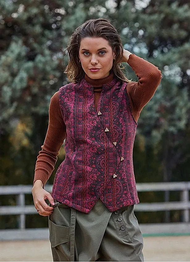 V Yaka Çapraz Düğmeli Bordo Etnik Bluz 7116