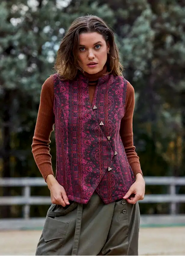 V Yaka Çapraz Düğmeli Bordo Etnik Bluz 7116