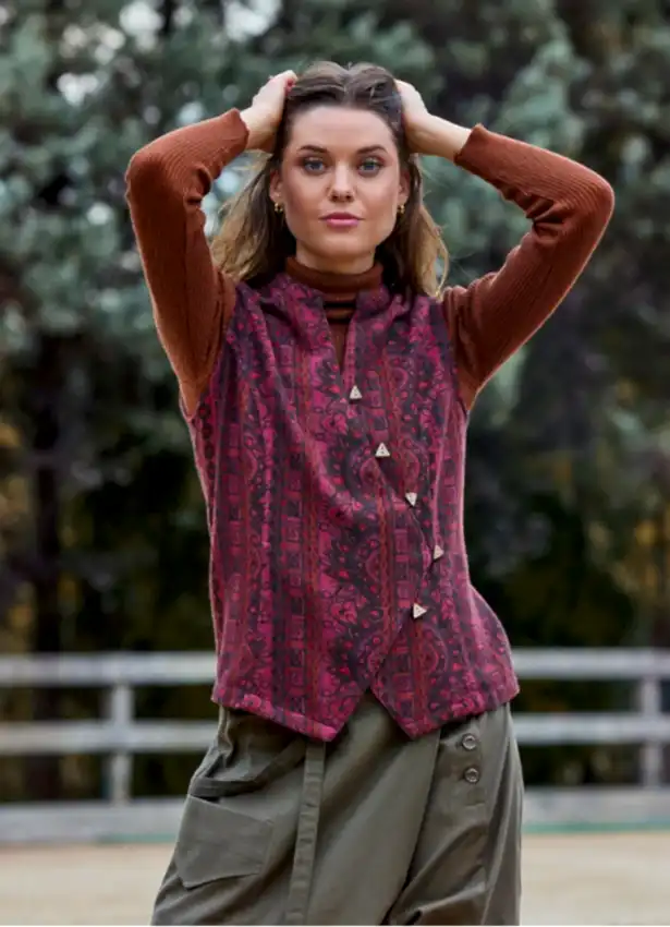 V Yaka Çapraz Düğmeli Bordo Etnik Bluz 7116