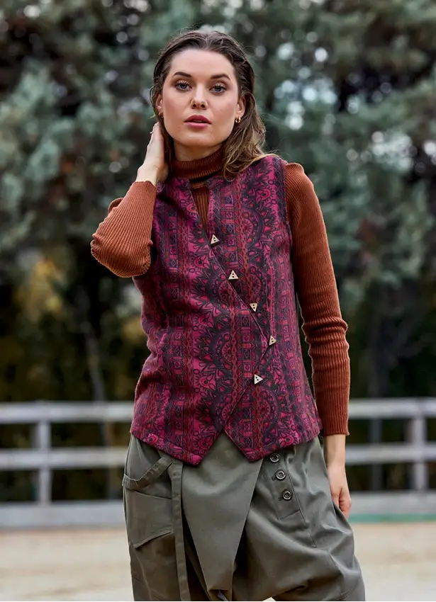 V Yaka Çapraz Düğmeli Bordo Etnik Bluz 7116