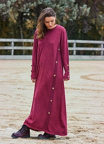 Bisiklet Yaka Düğme Detaylı Bordo Uzun Kollu Elbise 7086