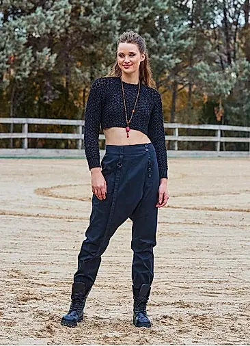 İp Detaylı Düğme Beli Lastikli Siyah Bohem Şalvar 6876