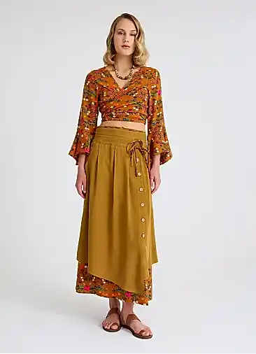 Cepli Düğme Detaylı Çift Katlı Hardal Uzun Etek 7011