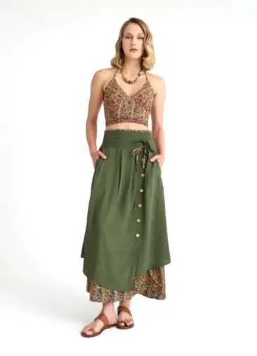 Cepli Düğme Detaylı Çift Katlı Yeşil Çiçekli Etek 7012