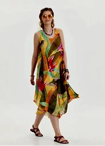 Kayık Yaka Bol Kesim Sarı Otantik Elbise 6981