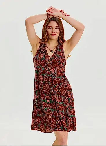 V Yaka Düğme Detaylı Kolsuz Yeşil Otantik Elbise 6895