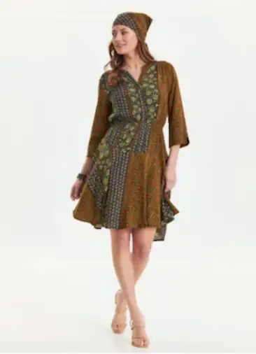 Hakim Yaka Düğme Detaylı Yeşil Desenli Midi Elbise 6781