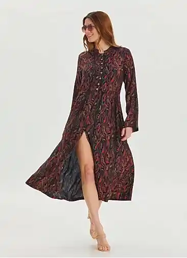 Bisiklet Yaka Düğme Detaylı Siyah Uzun Kolu Elbise 6762