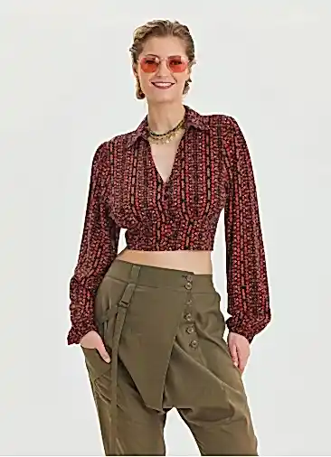 Desenli Gömlek Yaka Kırmızı Uzun Kollu Bluz 6749