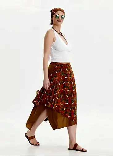 Bağlama Detaylı Beli Lastikli Hardal Bohem Etek 6817