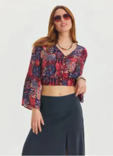 V Yaka Düğme Detaylı Kırmızı Yazlık Bluz 6923