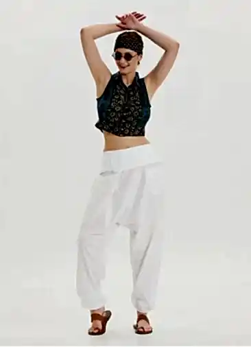 Kemer Detaylı Cepli Beyaz Bohem Şalvar 6786