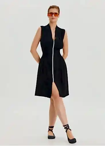 Dik Yaka Fermuar Detaylı Siyah Yazlık Elbise 6760