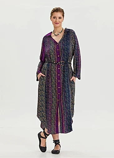 Gömlek Yaka Kemer Detaylı Mor Desenli Uzun Kollu Elbise 6768
