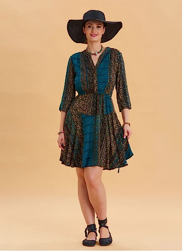 Hakim Yaka Düğme Detaylı Petrol Desenli Midi Elbise 6780