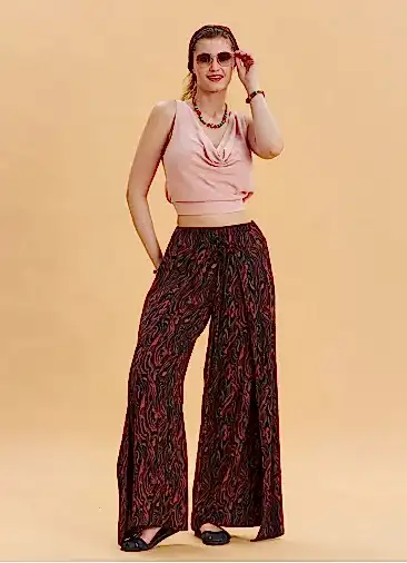 Bağlama Detaylı Beli Lastikli Siyah Desenli Etnik Pantolon 6789