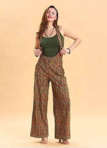 Fermuar Detaylı Cepli Çiçekli Kadın Etnik Tulum 6988