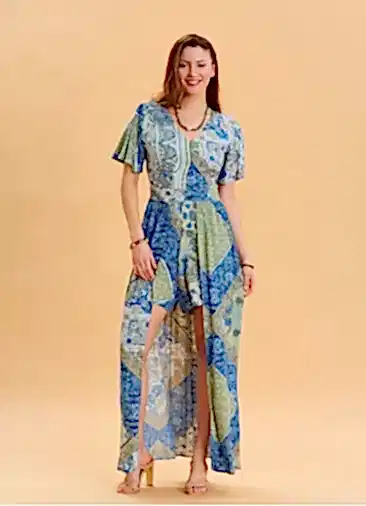 Volan Kollu Şort Detaylı Mavi Kadın Etnik Tulum 6808