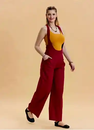 Fermuar Detaylı Cepli Kırmızı Kadın Bol Paça Tulum 6990