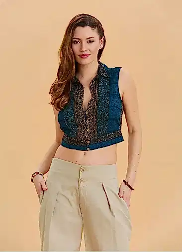 Gömlek Yaka Düğme Detaylı Petrol Etnik Bluz 6932