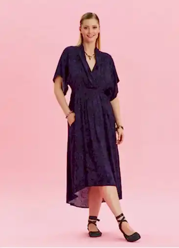 V Yaka Büzgü Detaylı Mor Yazlık Elbise 6852