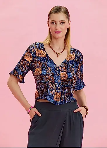 V Yaka Bağcıklı Sırt Detay Düğmeli Bohem Bluz 6953