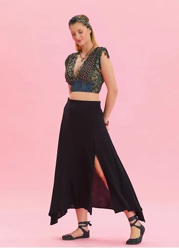 Fermuar Detaylı Yırtmaçlı Siyah Asimetrik Etek 6956