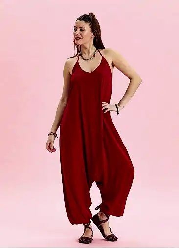 Boyundan Bağlamalı Pacası Lastikli Kırmızı Kadın Yazlık Tulum 6804