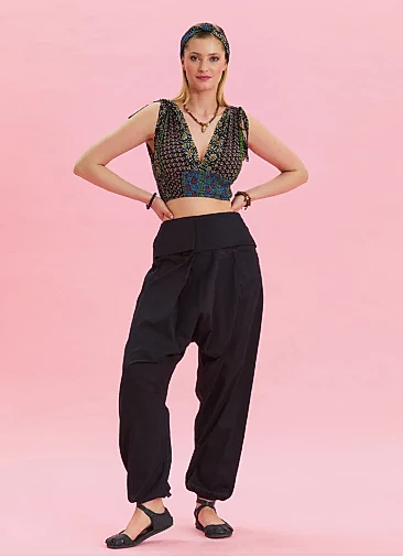 Kemer Detaylı Cepli Siyah Bohem Şalvar 6788