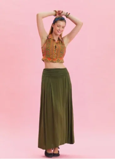 Beli Lastikli Drape Detaylı Haki Bohem Etek 6813