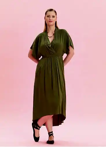 V Yaka Büzgü Detaylı Haki Günlük Elbise 6850