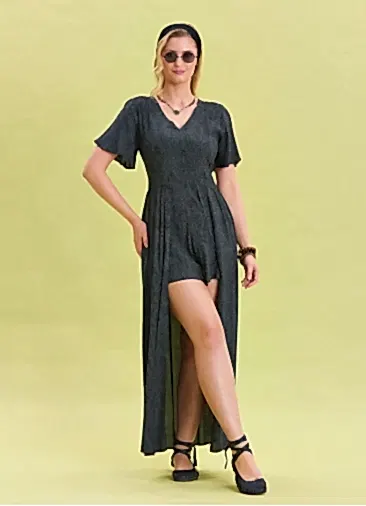 Volan Kollu Şort Detaylı Antrasit Kadın Tulum 6807