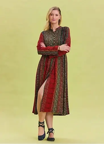 Desenli Bisiklet Yaka Düğme Detaylı Kiremit Uzun Kolu Elbise 6763