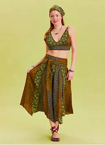 Gipe Detaylı Beli Bağlamalı Yeşil Desenli Asimetrik Etek 6835